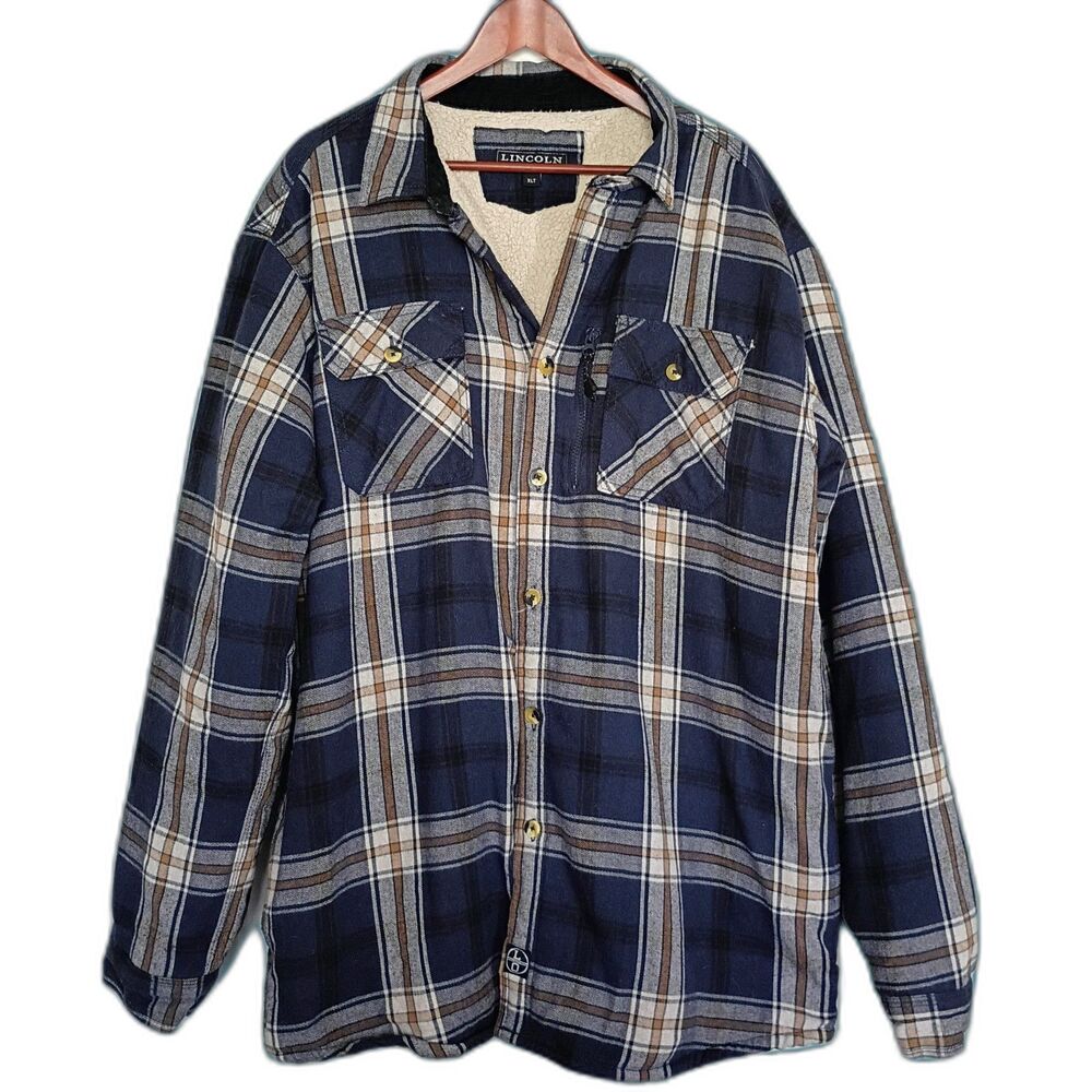 Lincoln Outfitters Fleece Lined Plaid Button Up Jacket Shacket Blue XLT Workwear